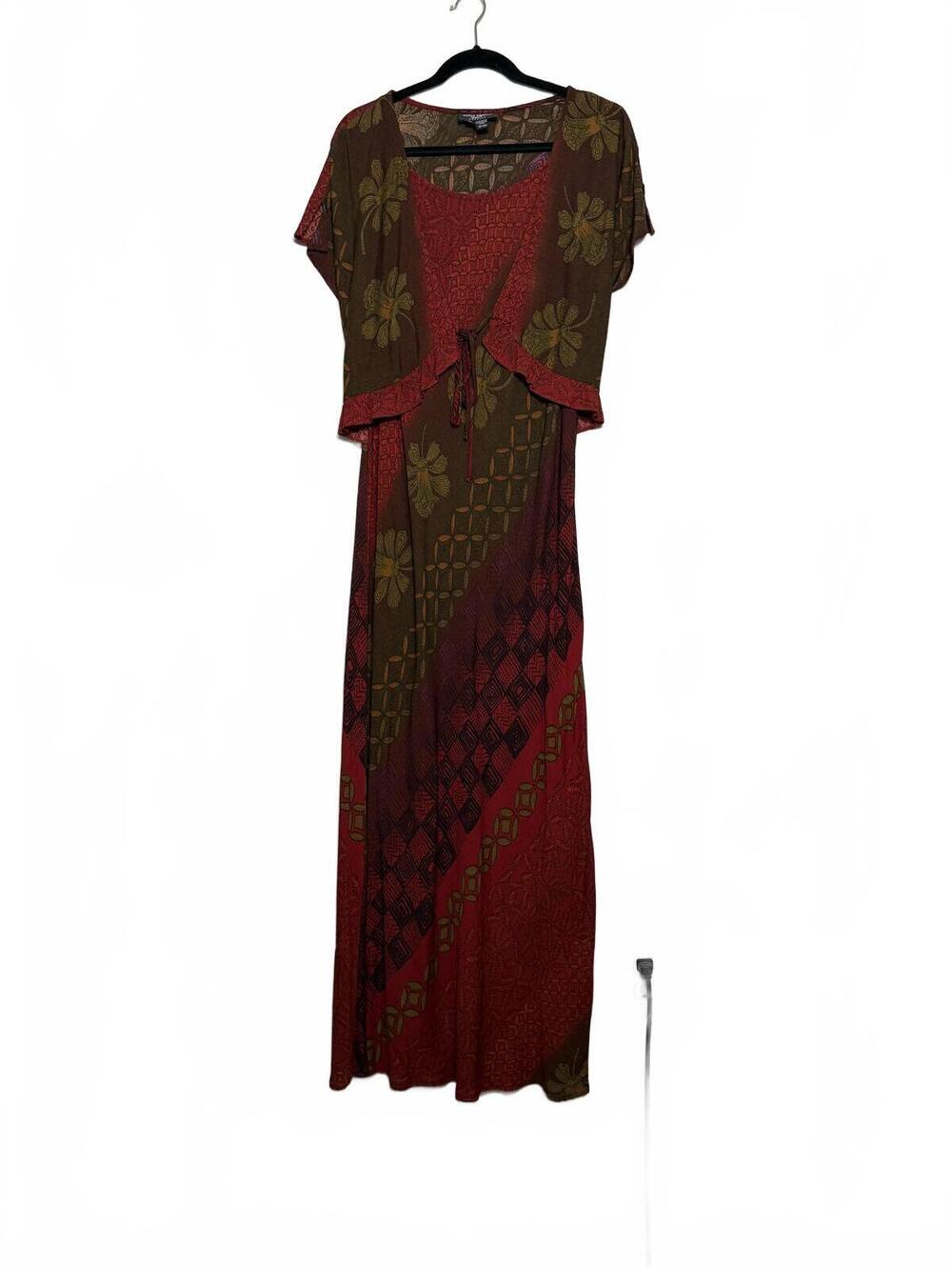 90s Vintage Style Maxi Dress‎ with Floral and Geometric Patterns